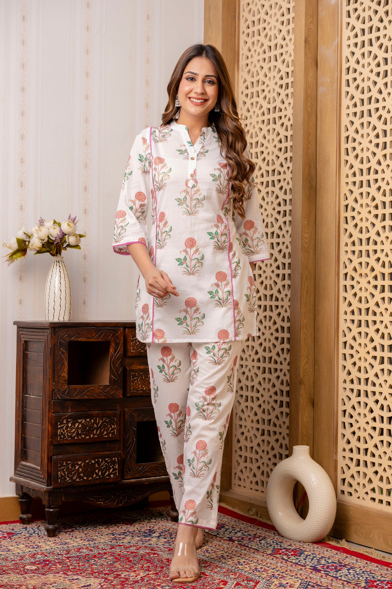 WHITE BUTA COTTON CORD SET