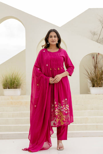FUCHSIA SMOCKED PLEATED SUIT SET