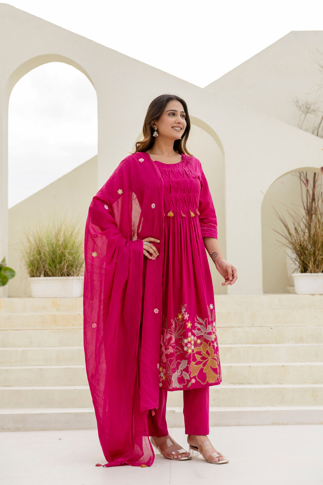 FUCHSIA SMOCKED PLEATED SUIT SET