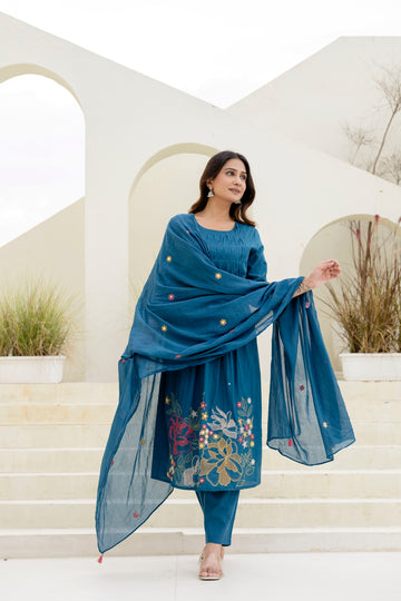 BLUE SMOCKED PLEATED SUIT SET