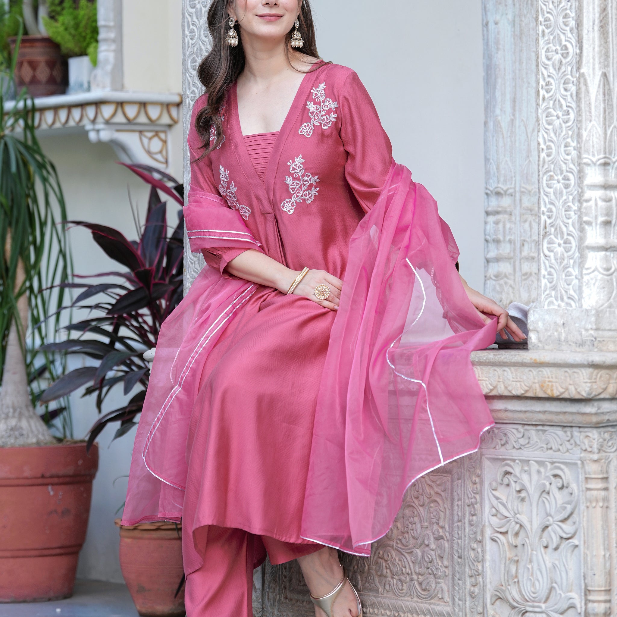 ROSE PINK EMBROIDERED FESTIVE SUIT SET