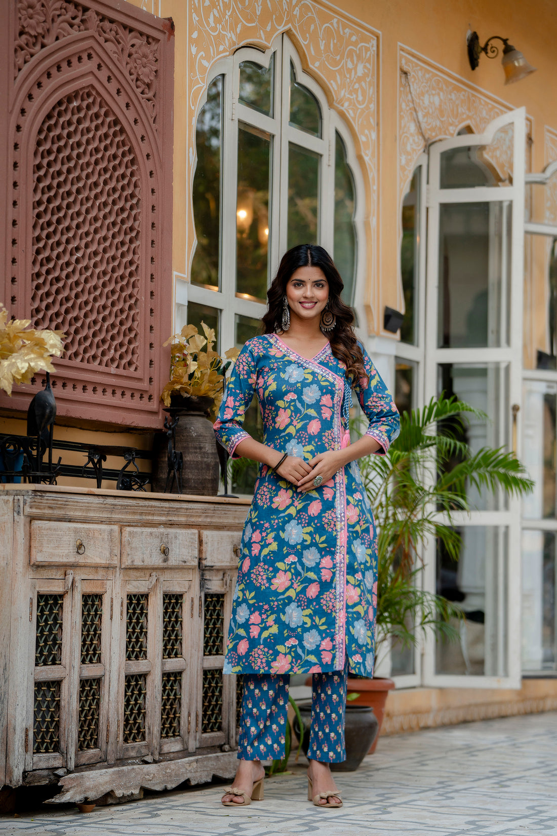 BLUE FLORAL ANGRAKHA STRAIGHT SUIT SET