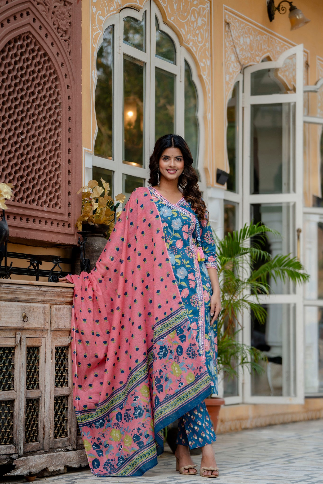 BLUE FLORAL ANGRAKHA STRAIGHT SUIT SET