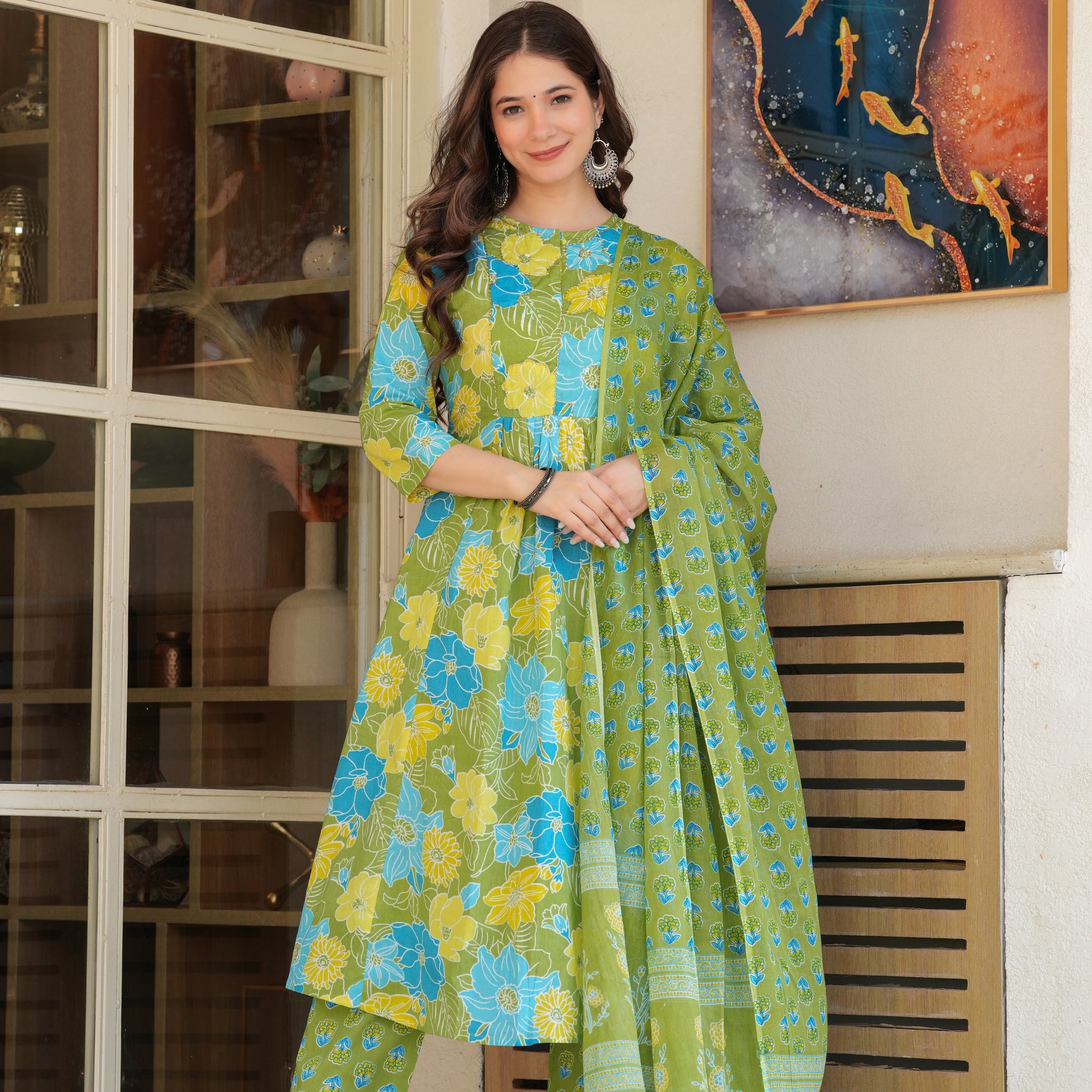Green & Blue Floral Pleated Cotton Suit Set