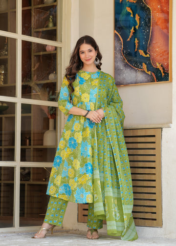 Green & Blue Floral Pleated Cotton Suit Set