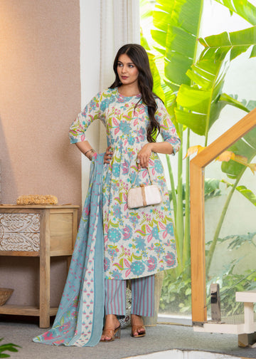 WHITE BLUE FLORAL PLEATED SUIT SET