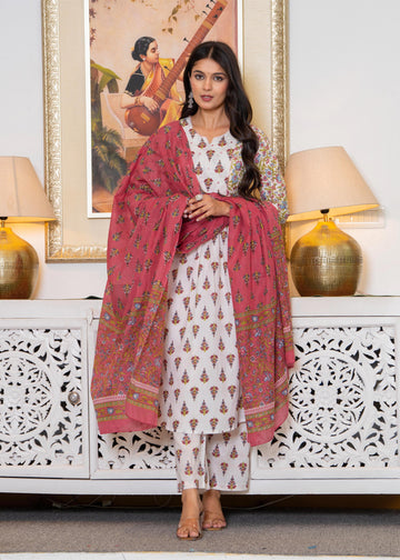 WHITE PINK FLORAL PLEATED SUIT SET