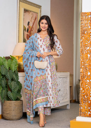 WHITE BLUE ANGRAKHA ANARKALI SUIT SET