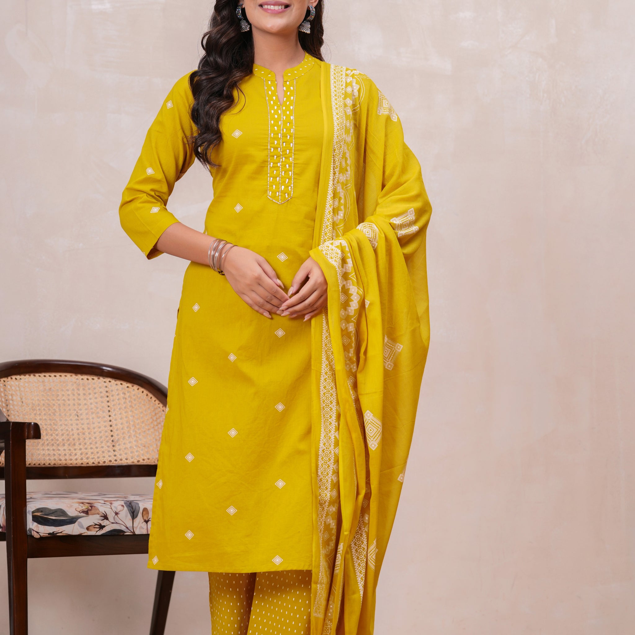 MUSTARD  SOLID STRAIGHT SUIT SET