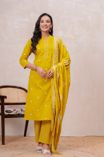 MUSTARD  SOLID STRAIGHT SUIT SET