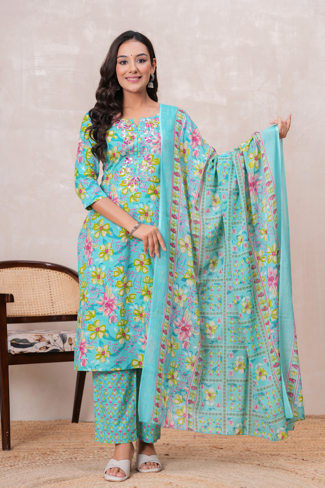 SEA GREEN PRINTED STRAIGHT SUIT SET