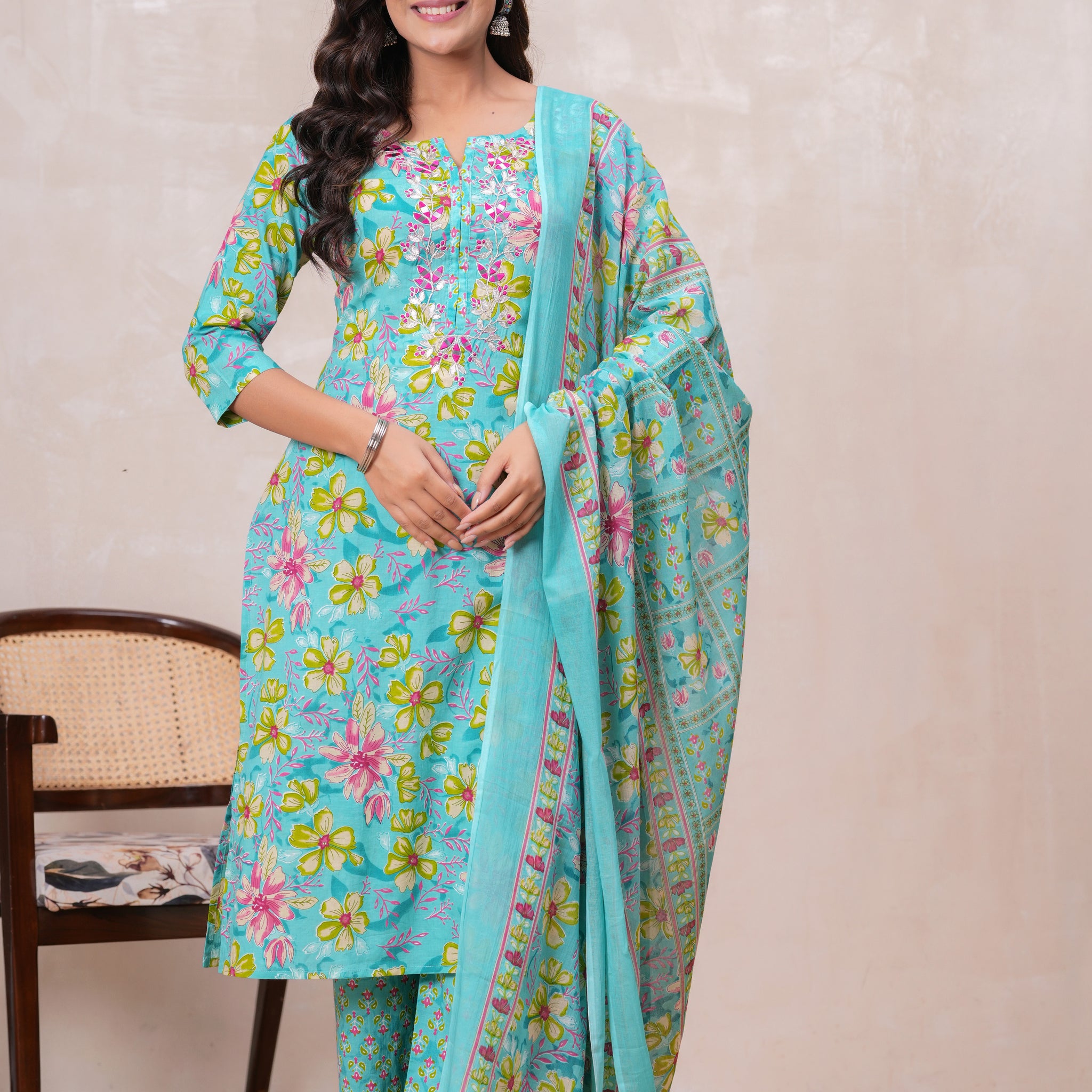 SEA GREEN PRINTED STRAIGHT SUIT SET