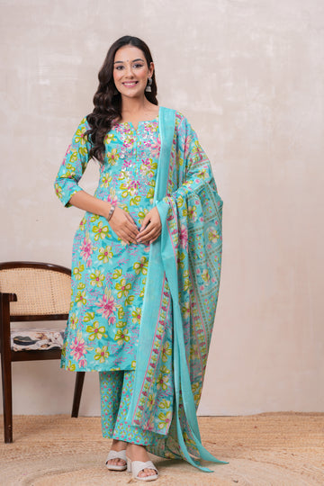 SEA GREEN PRINTED STRAIGHT SUIT SET