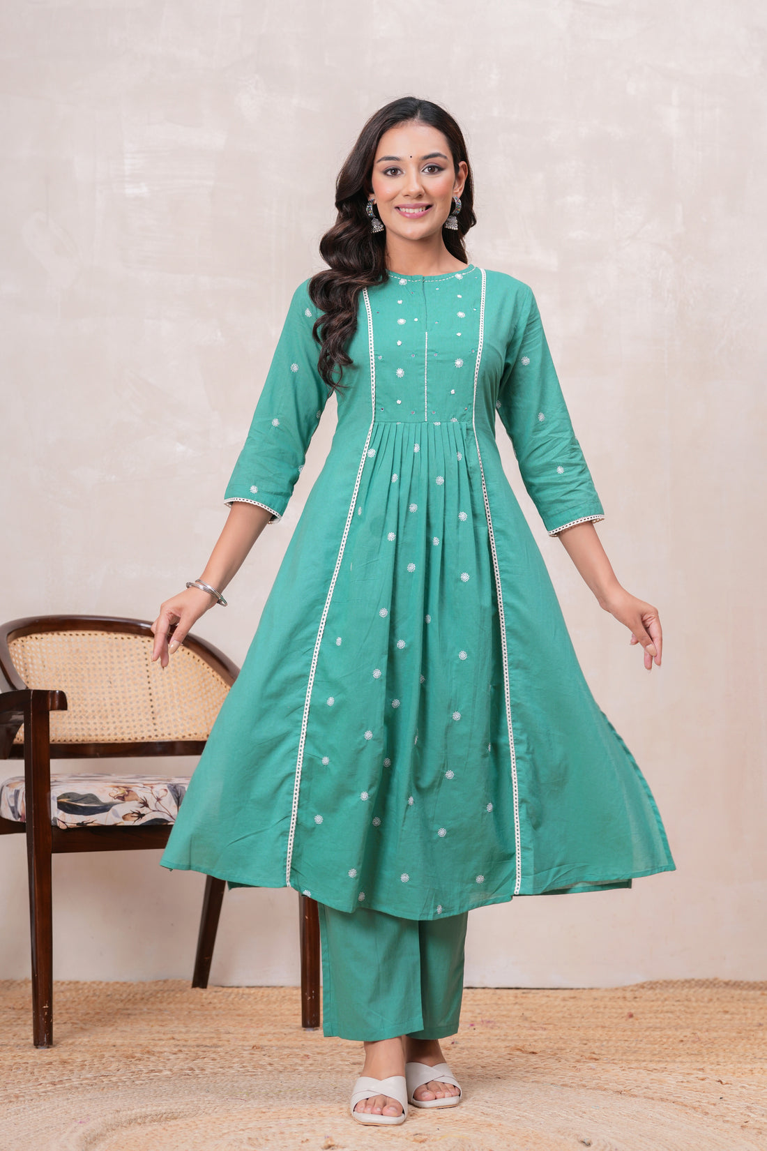 SEA GREEN SOLID PLEATED SUIT SET