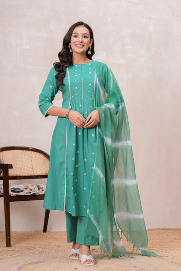 SEA GREEN SOLID PLEATED SUIT SET