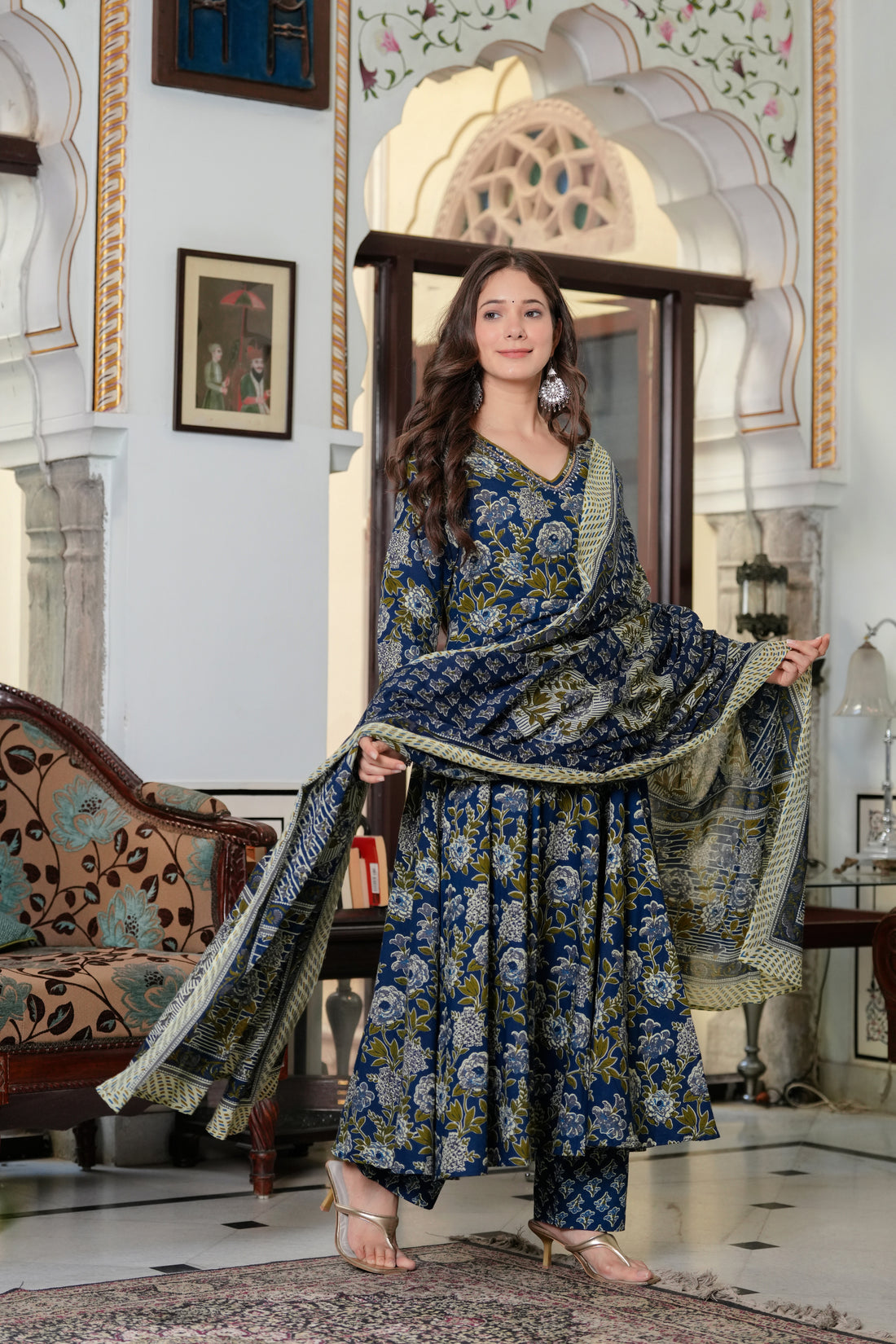NAVI BLUE FLORAL ANARKALI