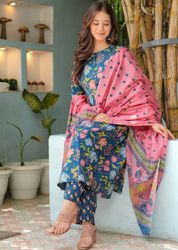 BLUE FLORAL PLEATED SUIT SET