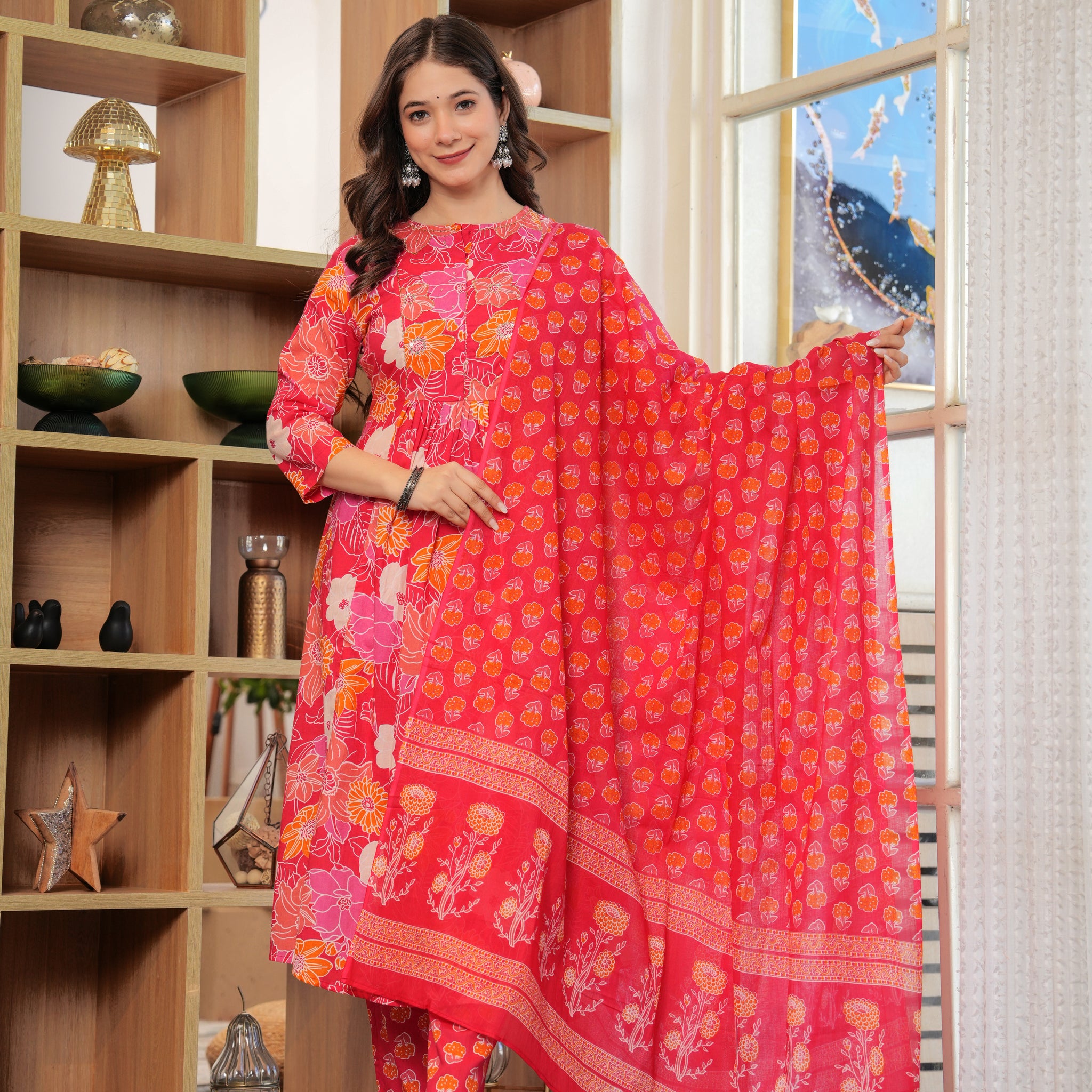 Pink and Orange Floral pleated Cotton Suit Set