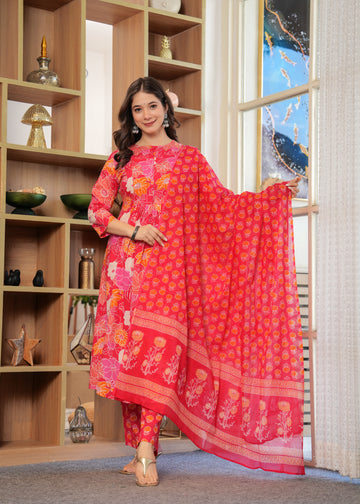 Pink and Orange Floral pleated Cotton Suit Set
