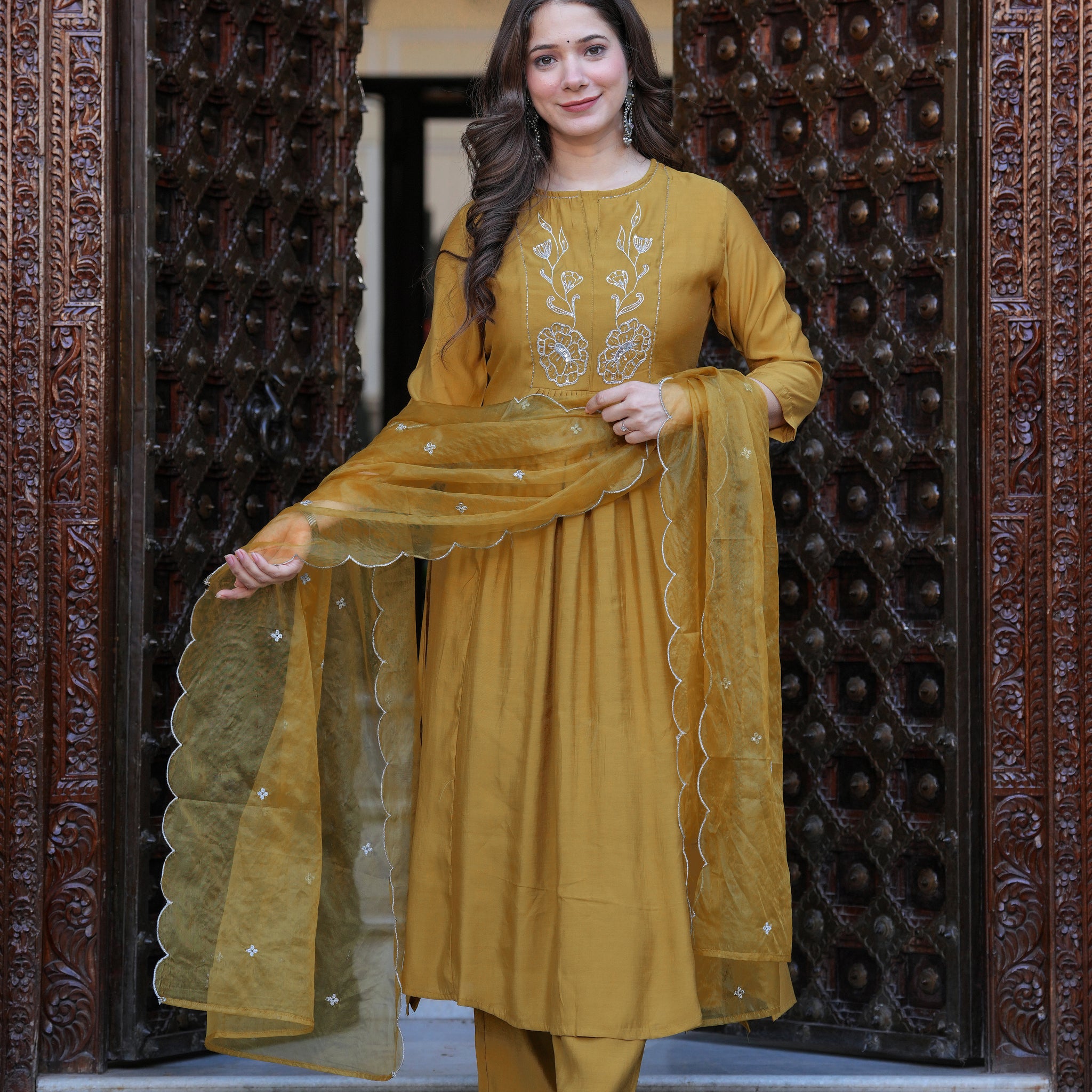 MUSTARD SOLID SILK PLEATED