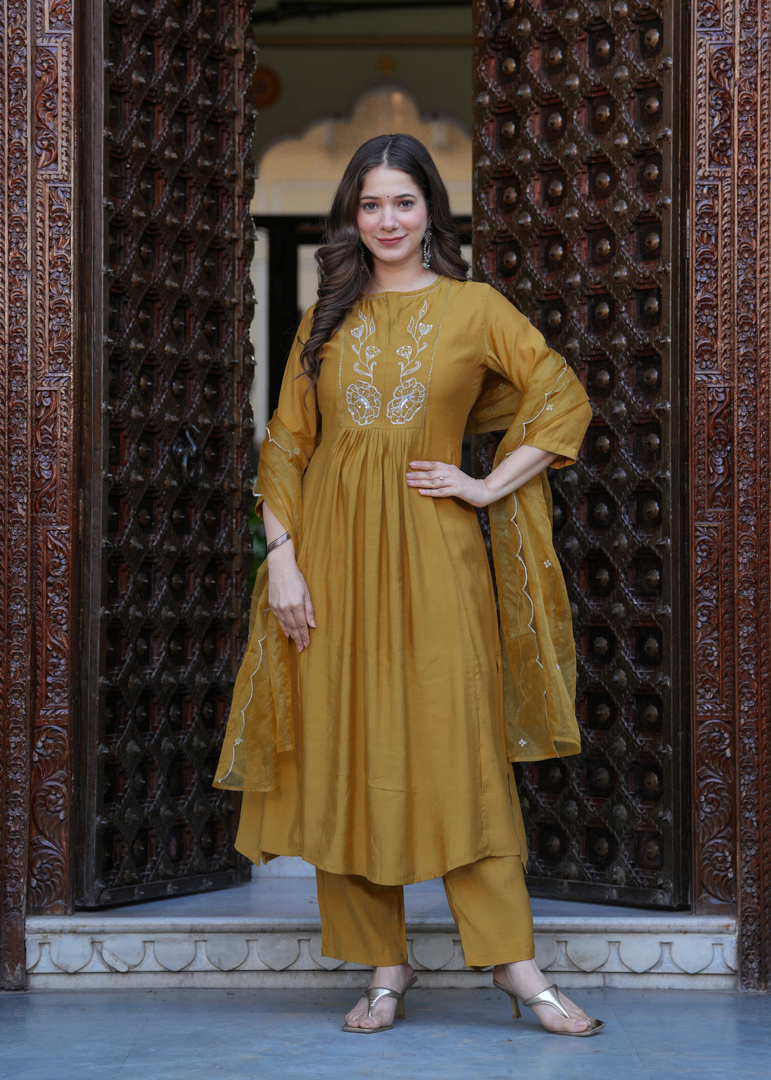 MUSTARD SOLID SILK PLEATED