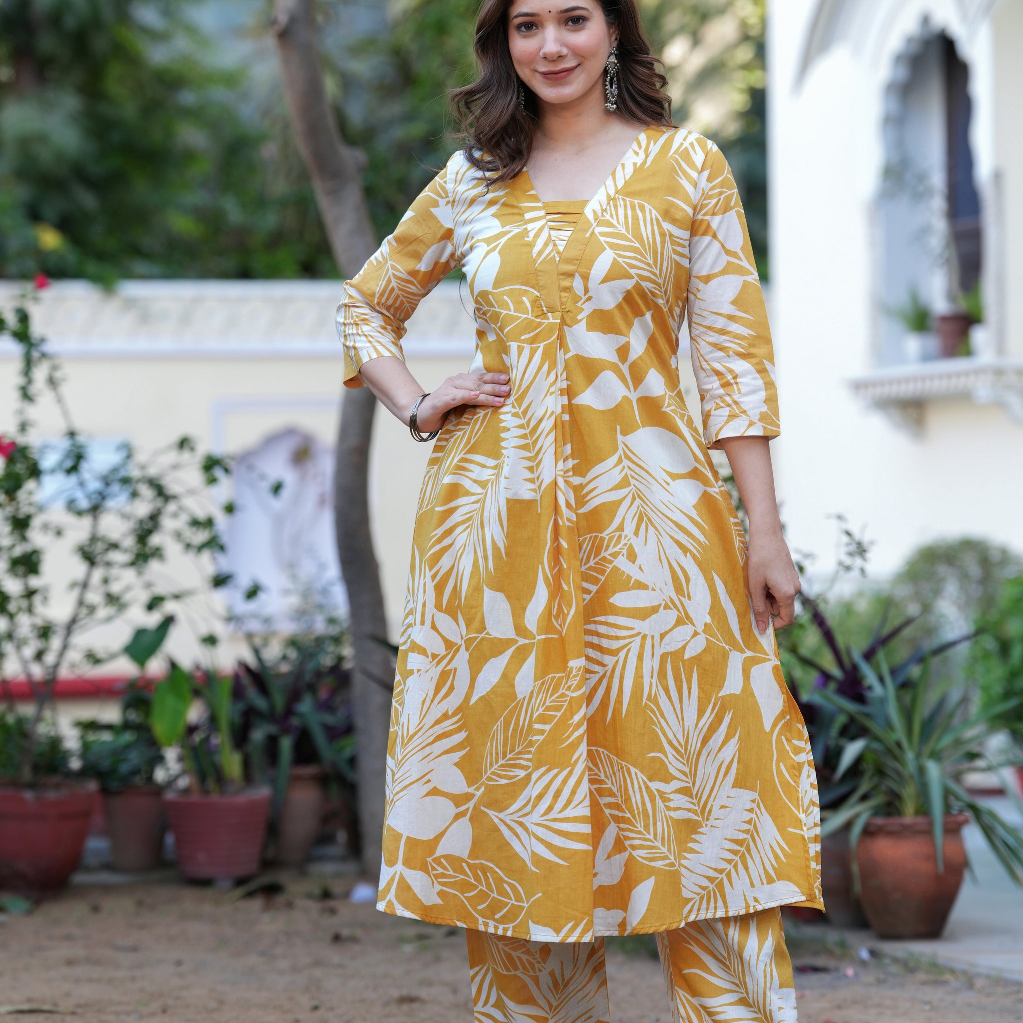 MUSTARD LEAF PRINT LONG CORD SET