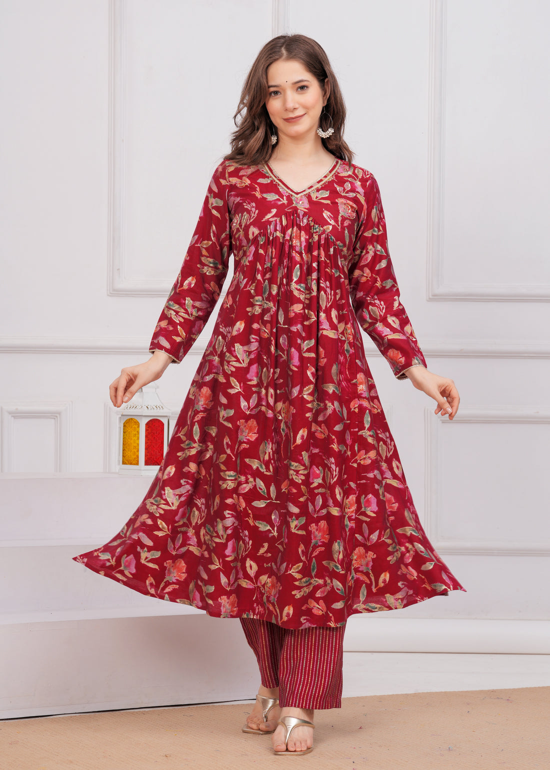 MAROON FLORAL ALIA CUT SLIK SUIT SET