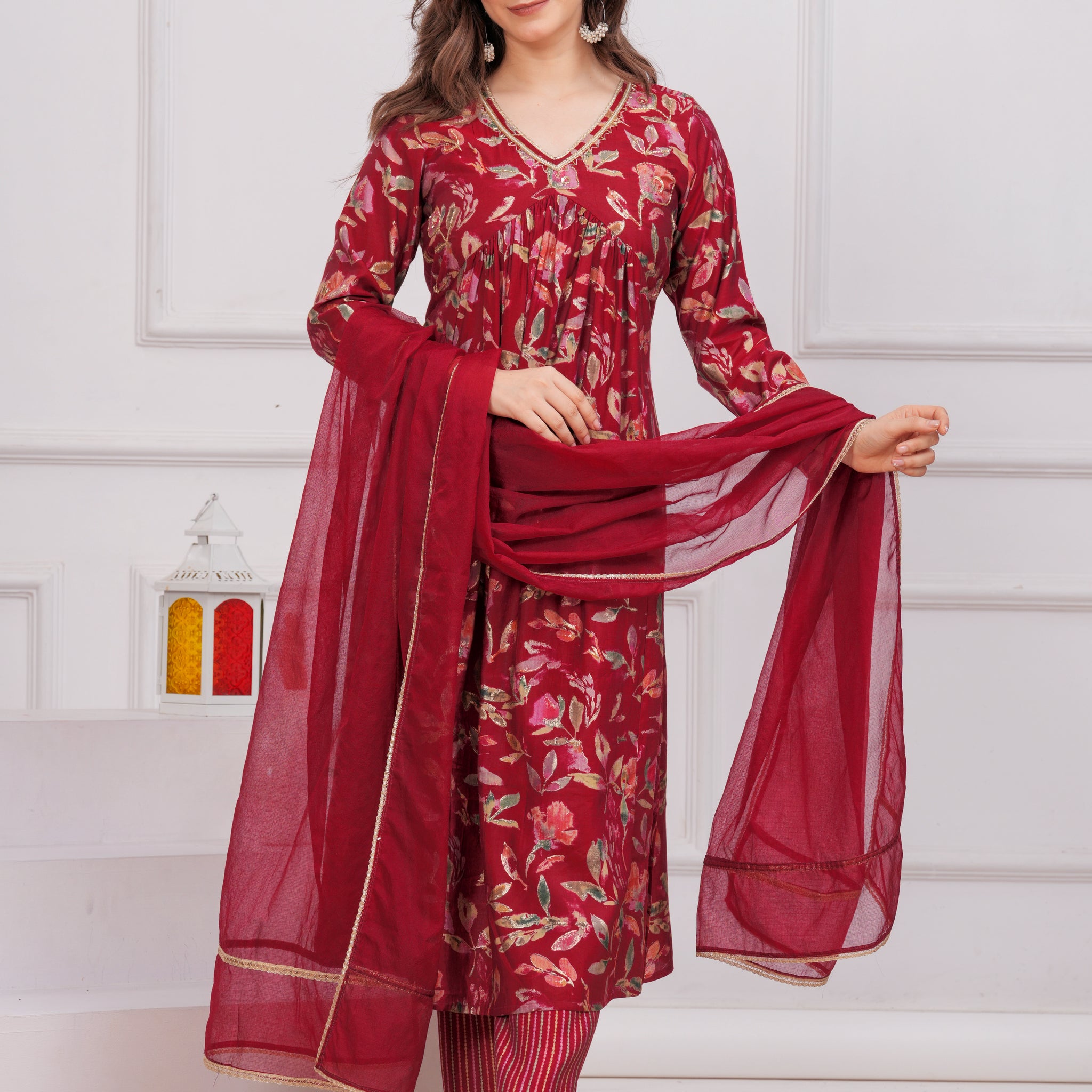 MAROON FLORAL ALIA CUT SLIK SUIT SET