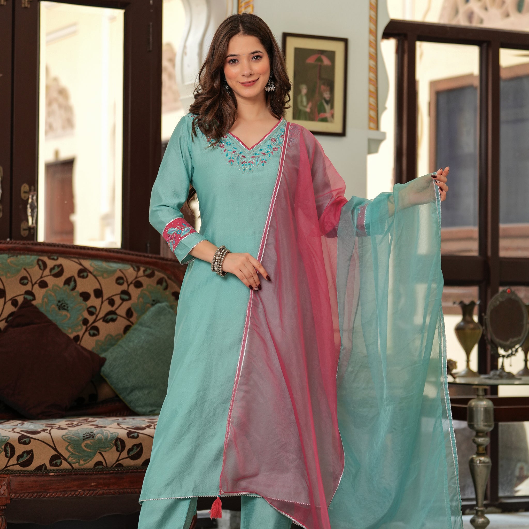 SEA GREEN PINK EMBROIDERED SOLID SUIT SET