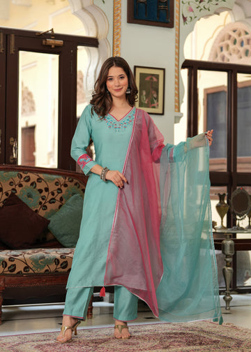 SEA GREEN PINK EMBROIDERED SOLID SUIT SET