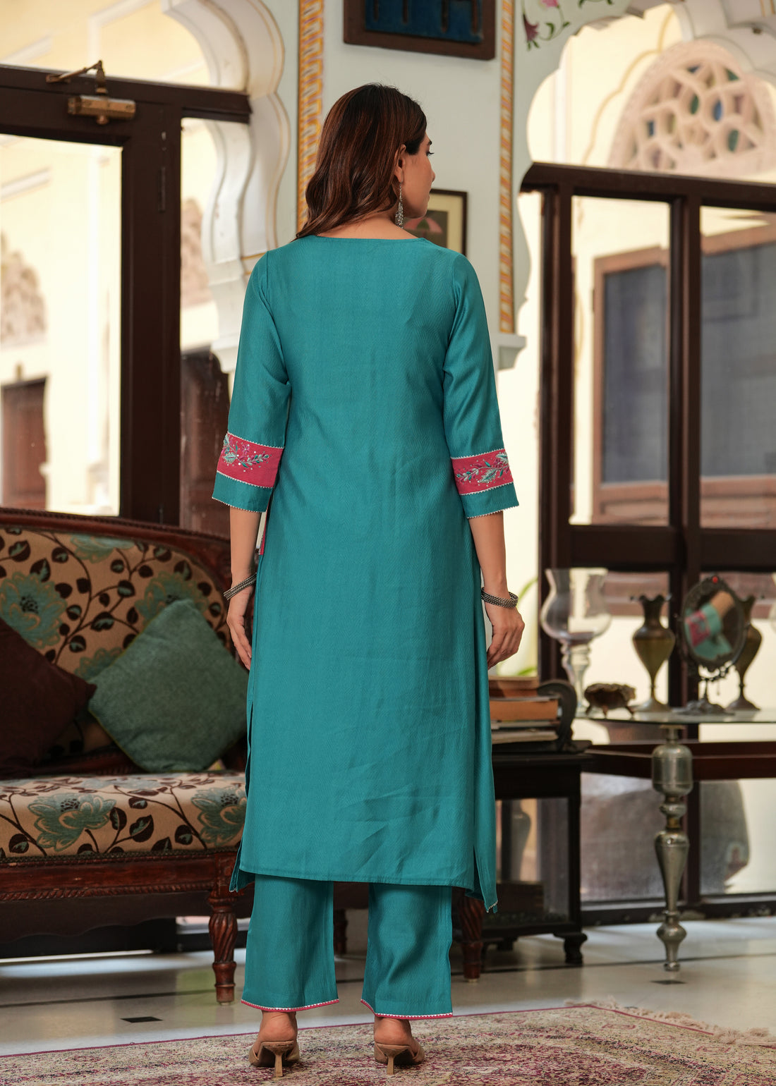 TEAL BLUE PINK EMBROIDERED SOLID SUIT SET