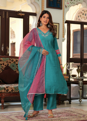 TEAL BLUE PINK EMBROIDERED SOLID SUIT SET