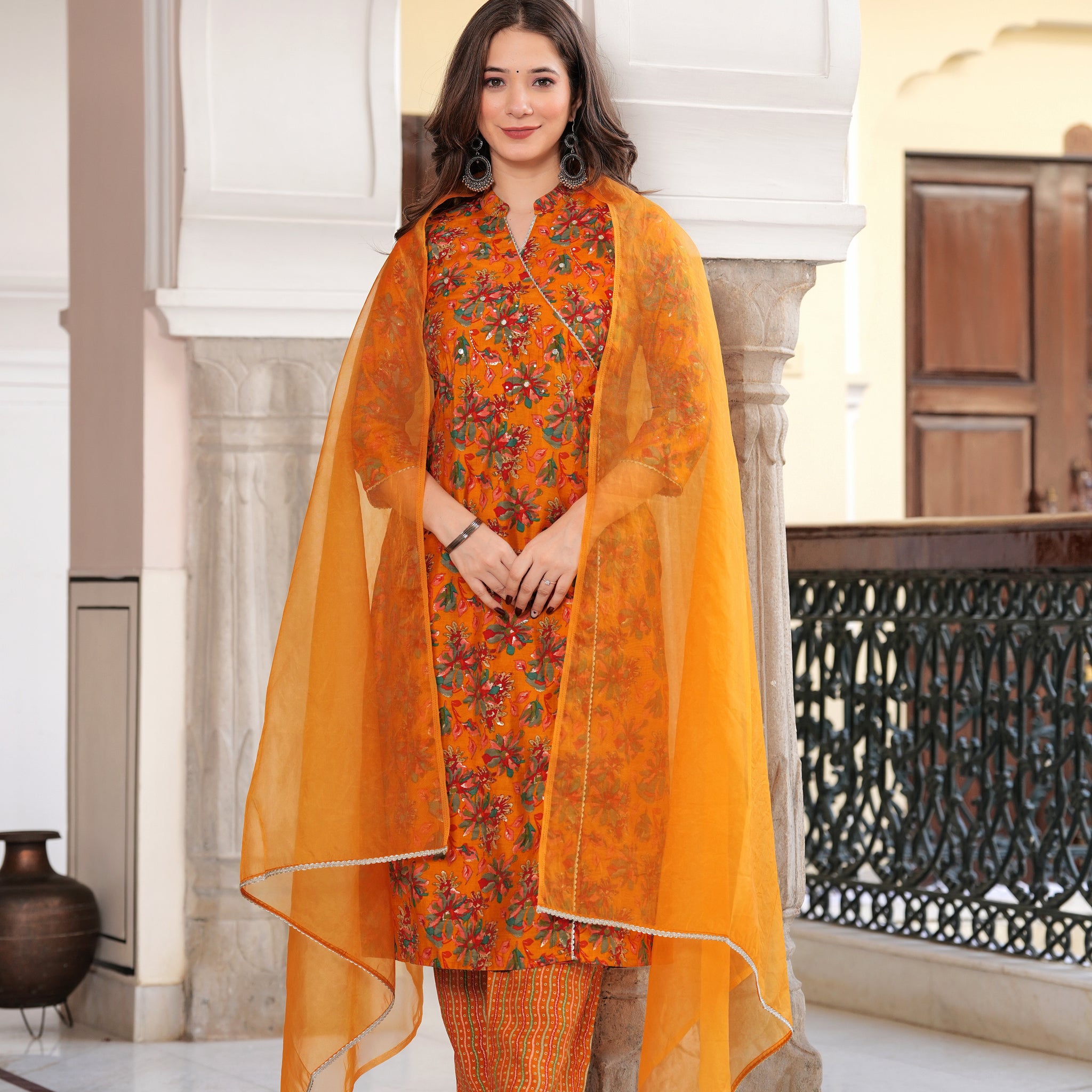 MUSTARD ANGRAKHA STRAIGHT SLIK SUIT SET