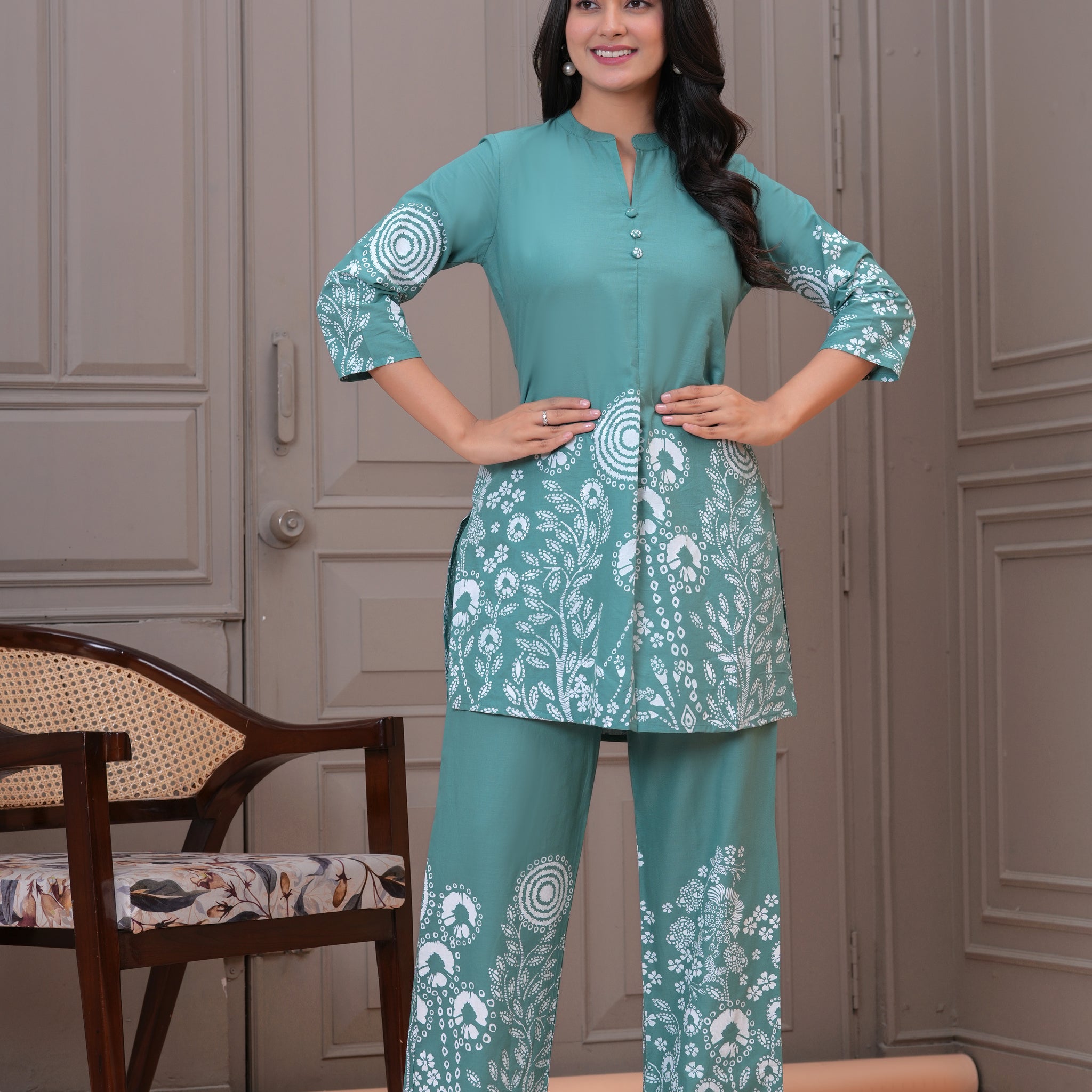 TEAL BLUE PRINTED COTTON CORD SET