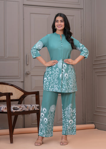 TEAL BLUE PRINTED COTTON CORD SET