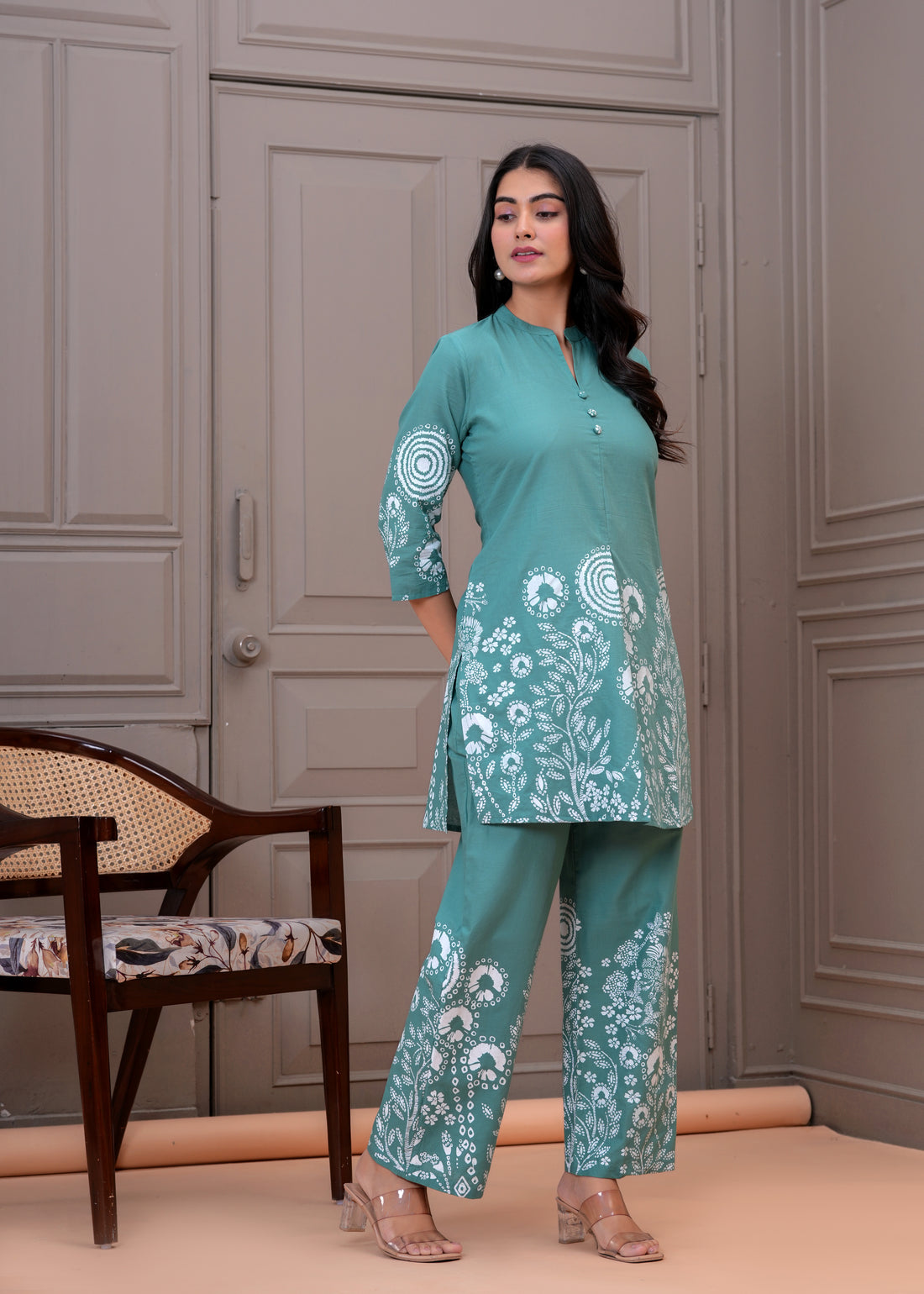 TEAL BLUE PRINTED COTTON CORD SET