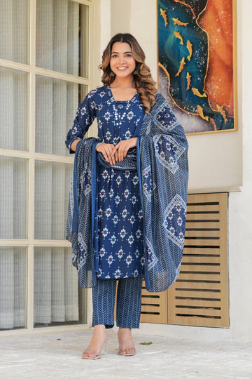 Indigo Blue Printed Cotton Suit Set