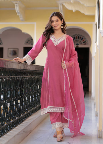 DUSTY PINK LACE DETAILED SUIT SET