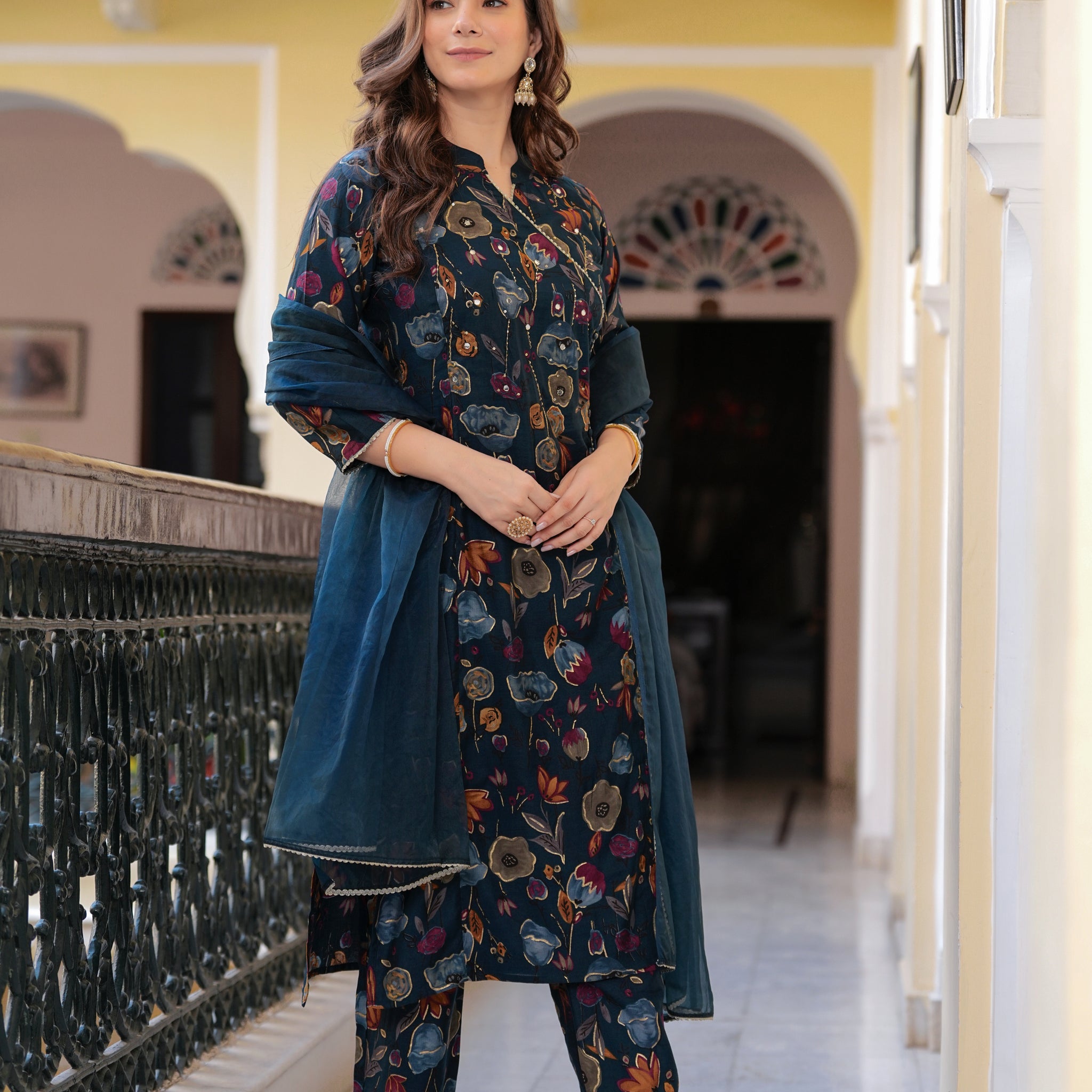 NAVY BLUE ANGRAKHA STRAIGHT SLIK SUIT SET