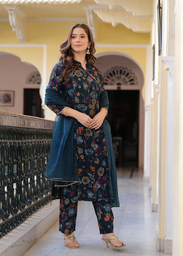 NAVY BLUE ANGRAKHA STRAIGHT SLIK SUIT SET