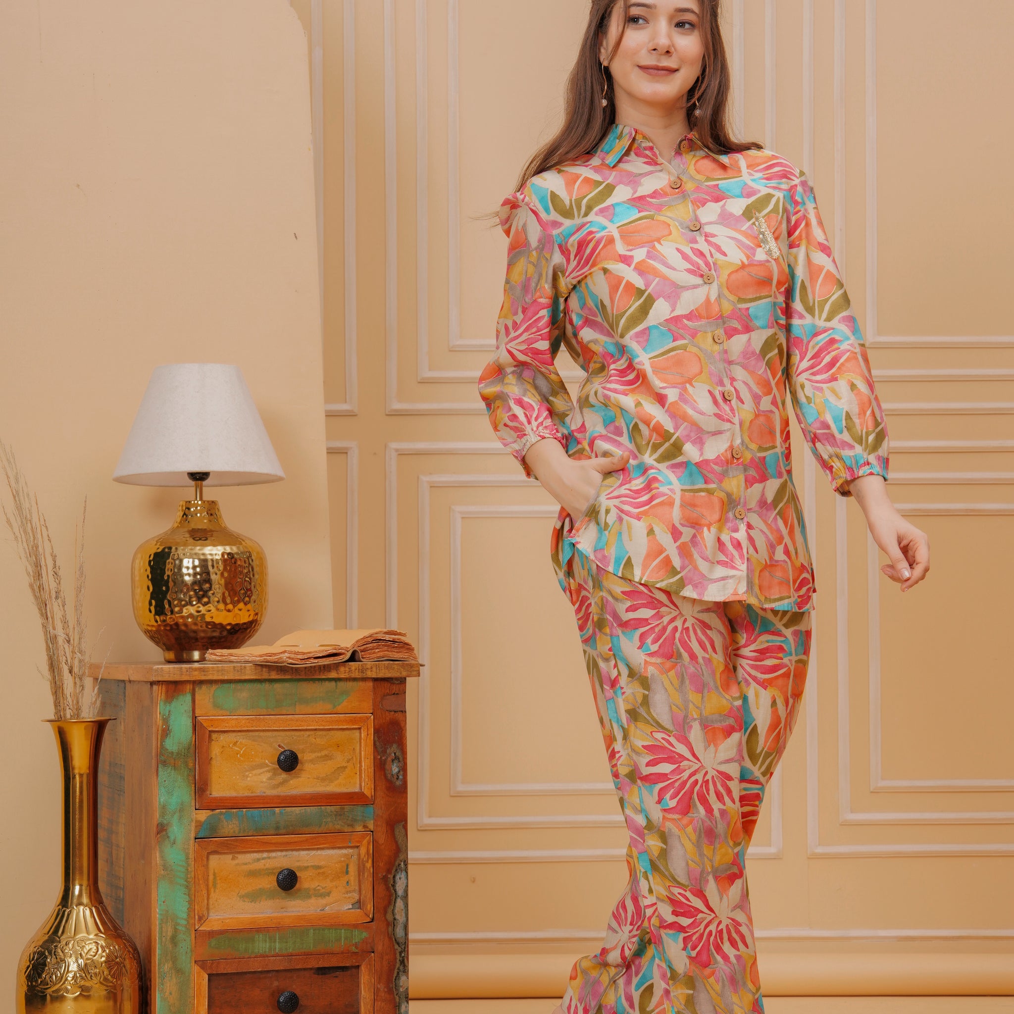 MULTICOLOR SILK SHIRT CORED SET