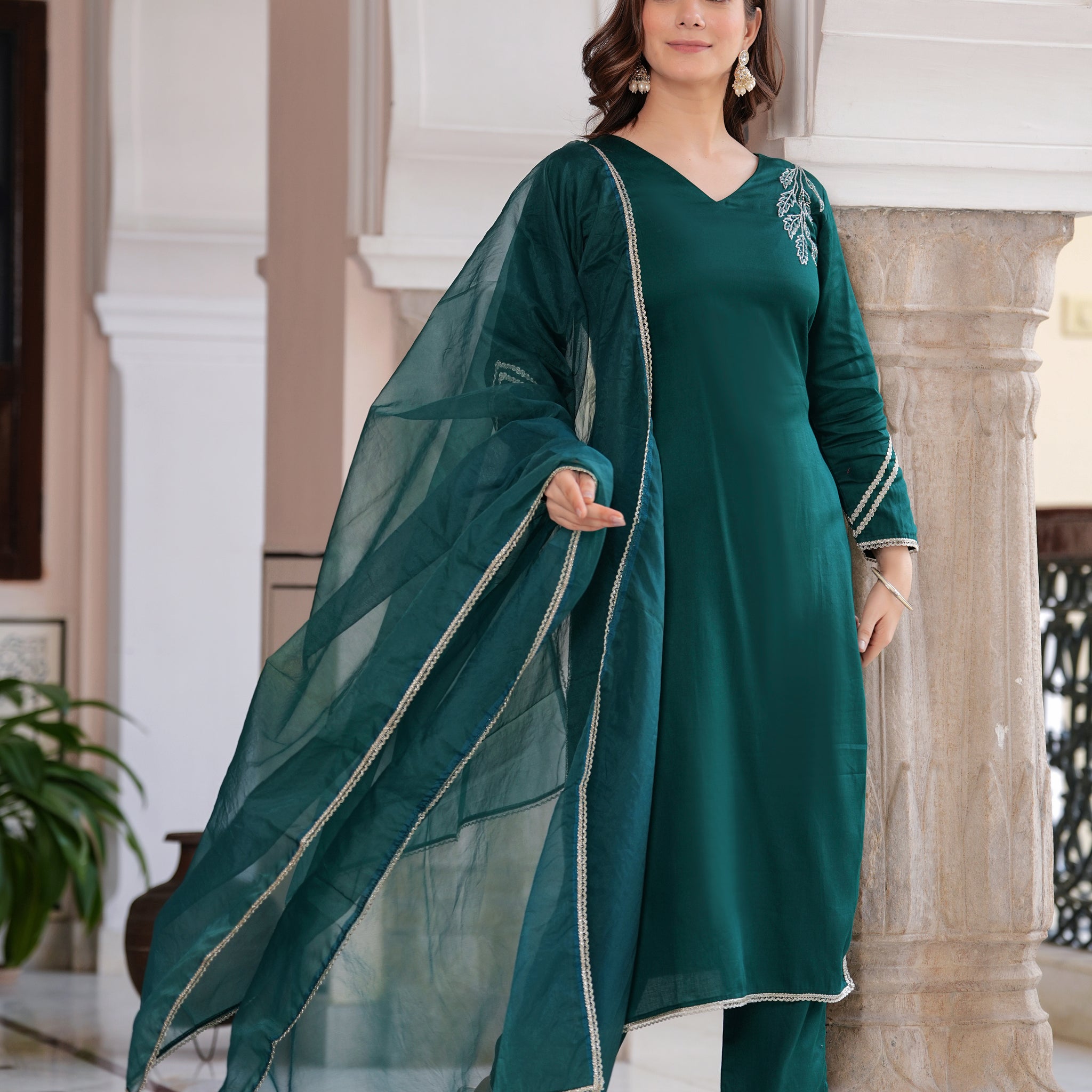 EMERALD GREEN SLOID SILK SUIT SET