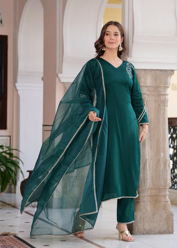 EMERALD GREEN SLOID SILK SUIT SET