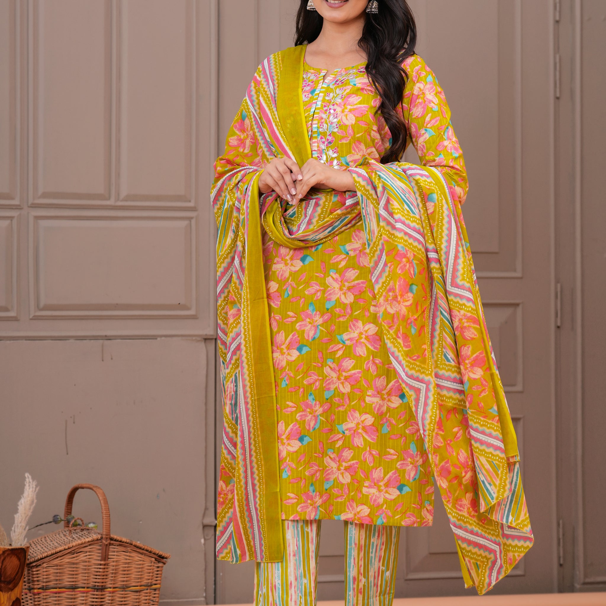 MUSTARD PRINTED STRAIGHT SUITS SET