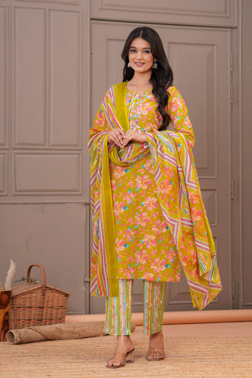 MUSTARD PRINTED STRAIGHT SUITS SET