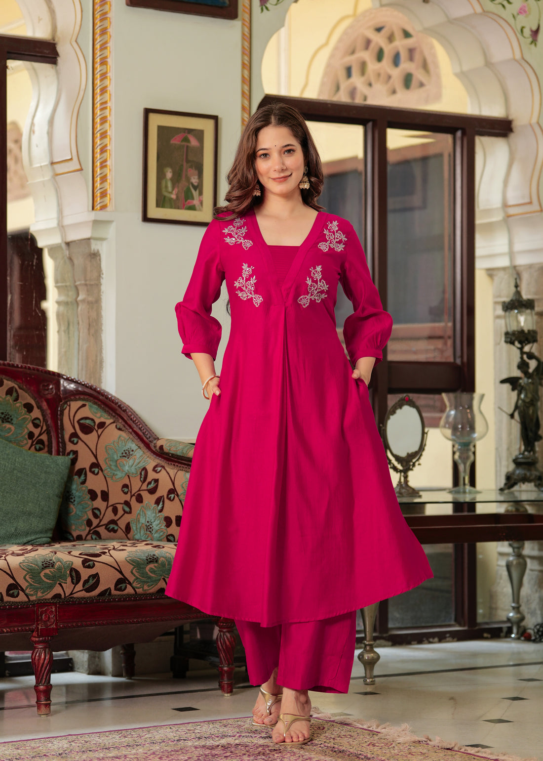 MAGENTA PINK EMBROIDERED FESTIVE SUIT SET