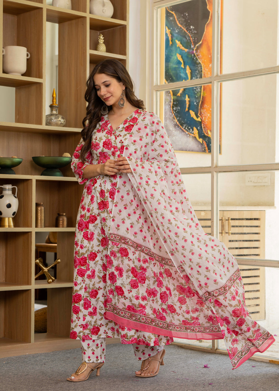 WHITE AND PINK FLORAL ANGRAKHA ANARKALI SUIT SET