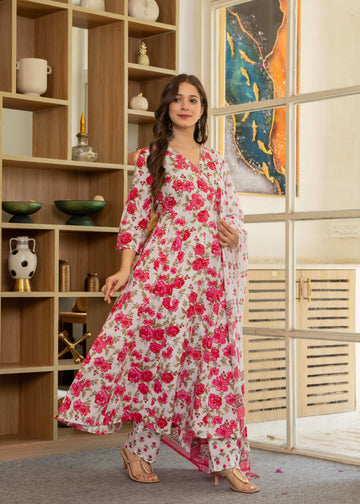 WHITE AND PINK FLORAL ANGRAKHA ANARKALI SUIT SET