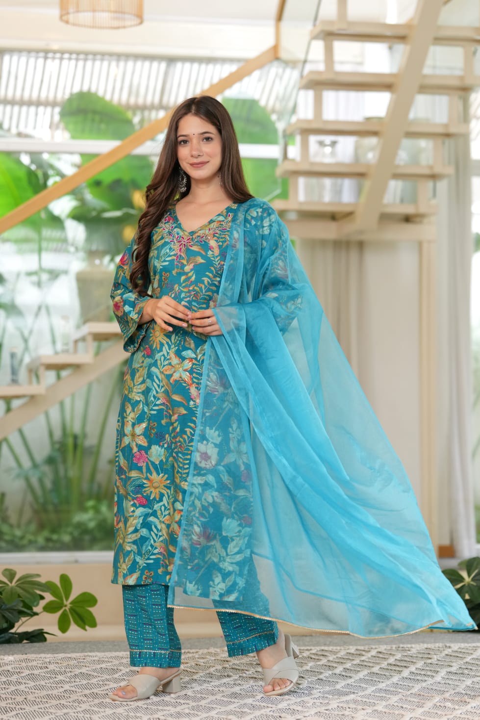TURQUISE BLUE FLORAL FESTIVE SUIT SET
