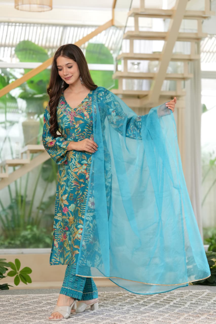 TURQUISE BLUE FLORAL FESTIVE SUIT SET